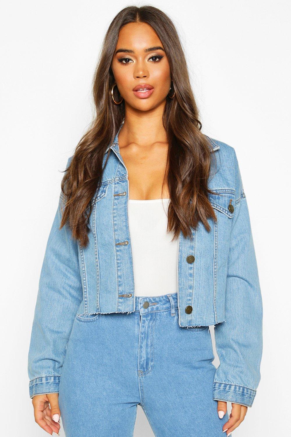 Cropped denim shop jacket boohoo